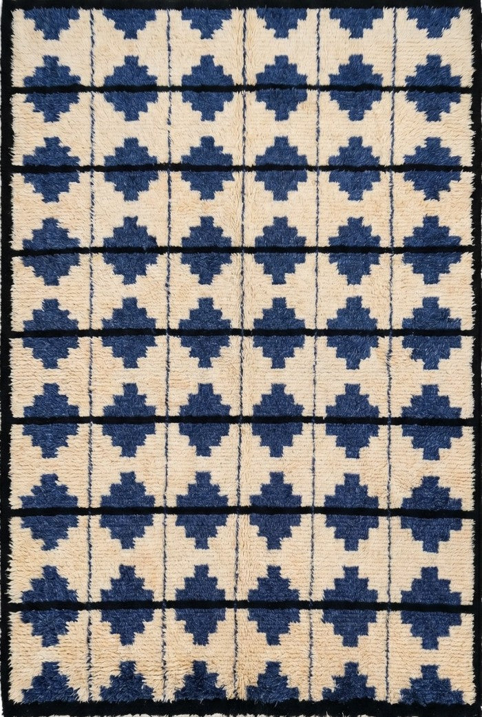 Blue Classic Moroccan Shag Diamond Pattern New Zealand Hand Knotted Wool Rug