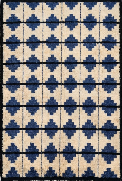 Blue Classic Moroccan Shag Diamond Pattern New Zealand Hand Knotted Wool Rug