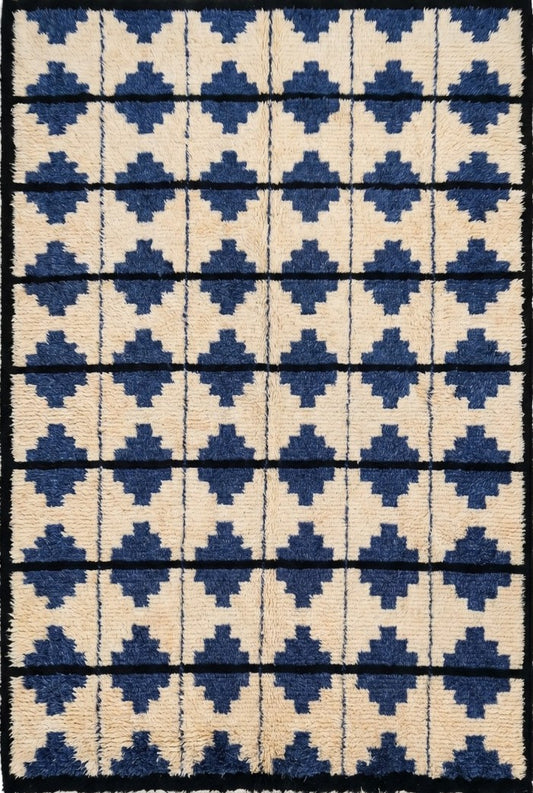 Blue Classic Moroccan Shag Diamond Pattern New Zealand Hand Knotted Wool Rug
