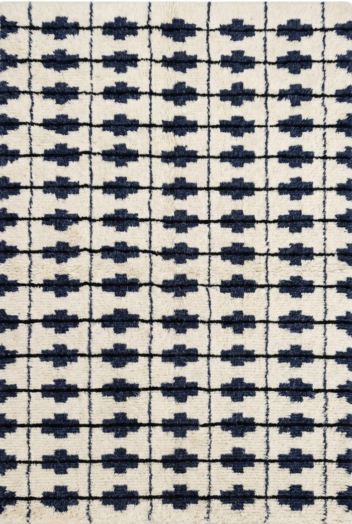 Blue and White Contemporary Cozy Hand Knotted Grid Pattern Moroccan Wool Shag Rug
