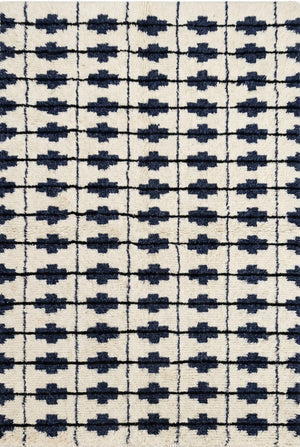 Blue and White Contemporary Cozy Hand Knotted Grid Pattern Moroccan Wool Shag Rug