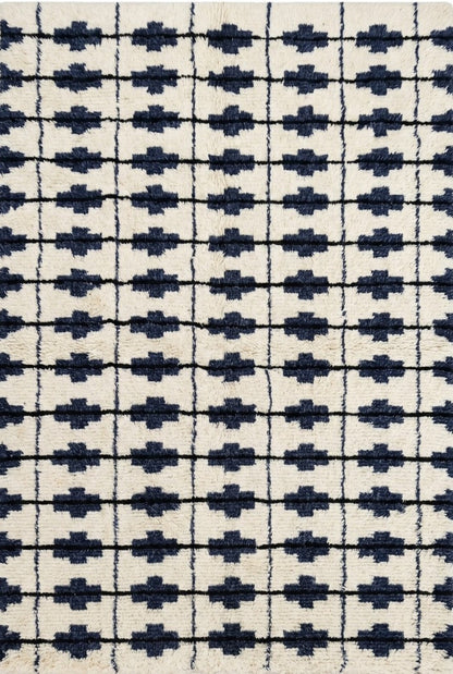Blue and White Contemporary Cozy Hand Knotted Grid Pattern Moroccan Wool Shag Rug