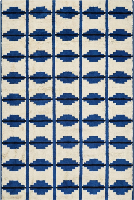 Contemporary Indigo Blue Geometric Wool Moroccan  Hand knotted Shag Area Rug for Bedroom and Living Room and Dining