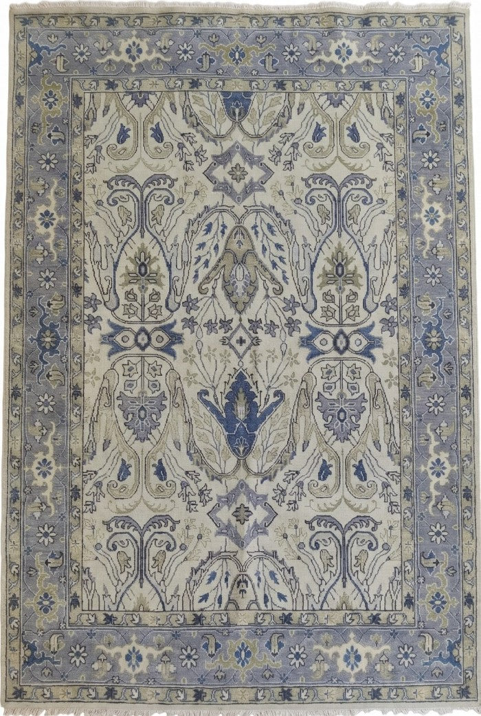 Periwinkle Mist Antique-Wash Floral Hand-Knotted Wool Rug