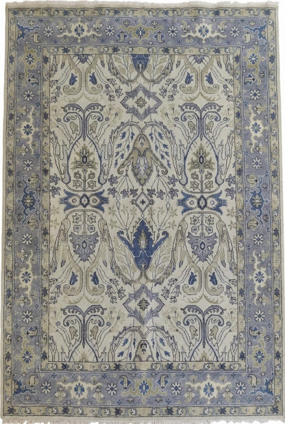 Periwinkle Mist Antique-Wash Floral Hand-Knotted Wool Rug