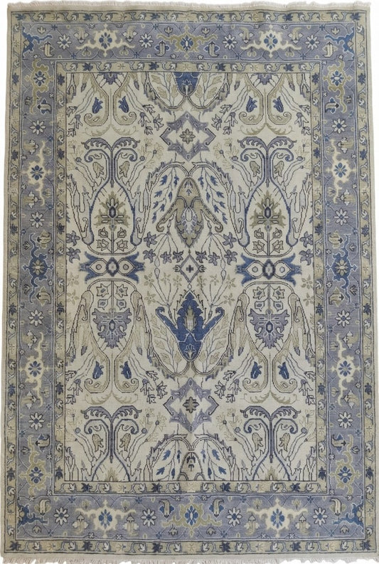 Periwinkle Mist Antique-Wash Floral Hand-Knotted Wool Rug