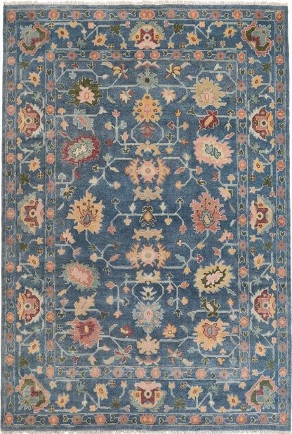 Indigo Blossom Hand-Knotted Oushak Carpet featuring Symmetrical Persian Botanical Motifs