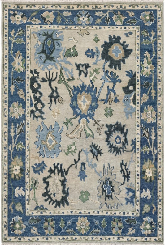 Azure Bloom Transitional Oushak Rug in Indigo Blue and Cream
