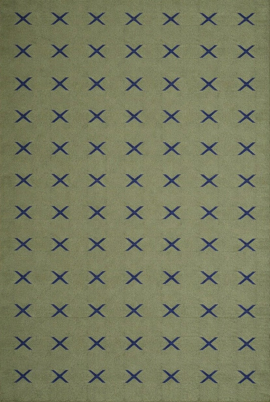 Wool Rug with Blue X Pattern,  Handmade Modern Area Rug