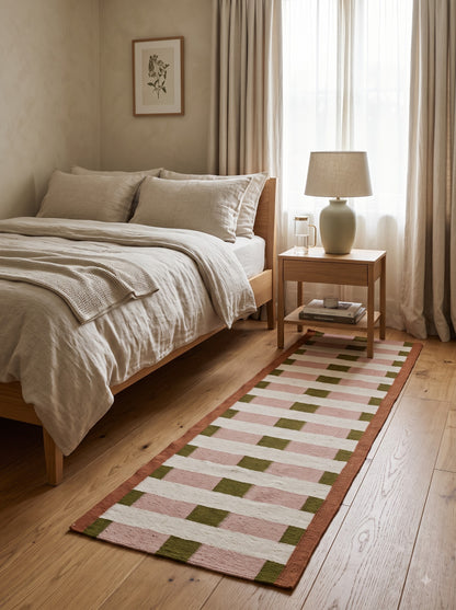 Handwoven Olive Green & Blush Pink Checkered Hallway Runner