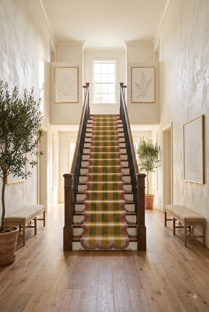 Scalloped Geometric Floral Stair Runner Pink Tufted Runner