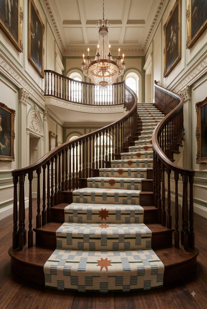 Hand-Tufted Wool Runner Light Blue, Terracotta Rust Stair Runner