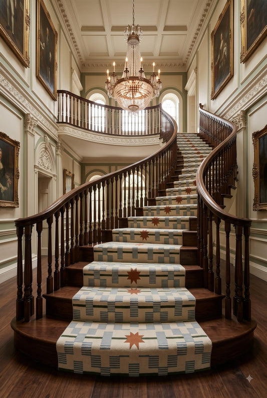 Hand-Tufted Wool Runner Light Blue, Terracotta Rust Stair Runner