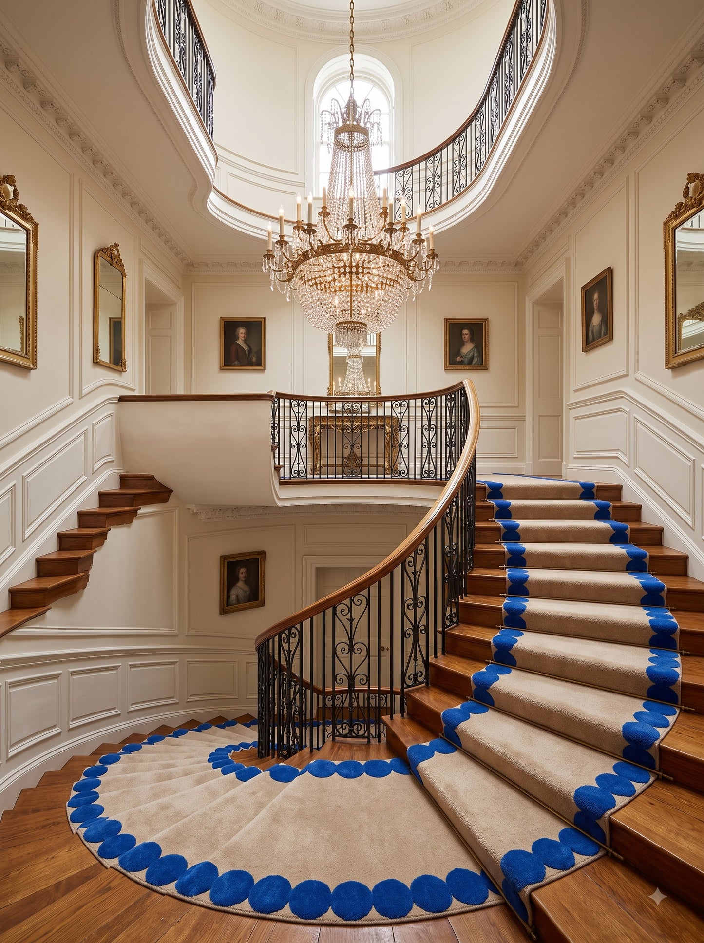 Blue Beige Hand Tufted Wool Runner Rug, Scalloped Edge Hallway Carpet