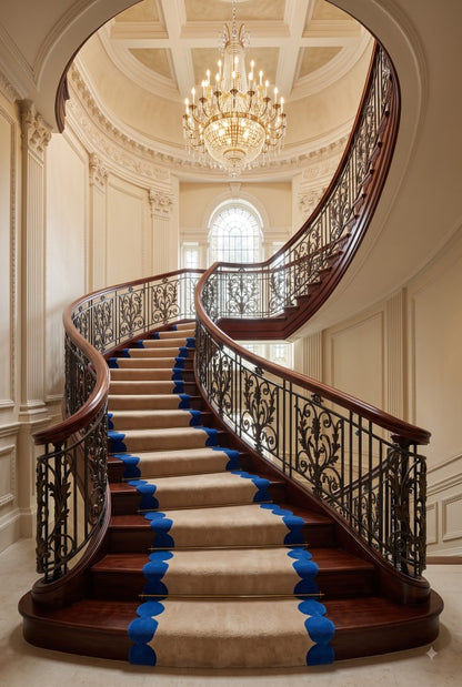 Blue Beige Hand Tufted Wool Runner Rug, Scalloped Edge Hallway Carpet