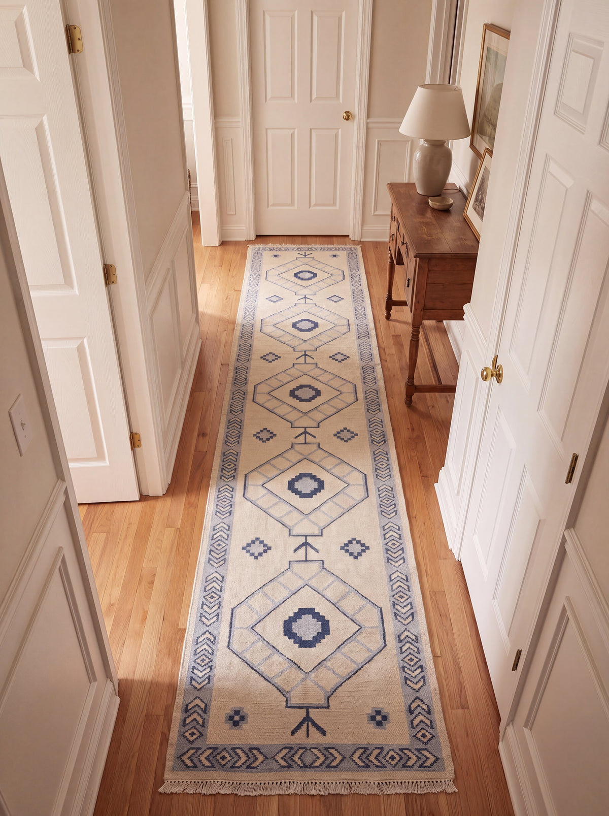 Oushak Vintage Style Runner, Blue Ivory Kitchen Handmade Turkish Runner Rug