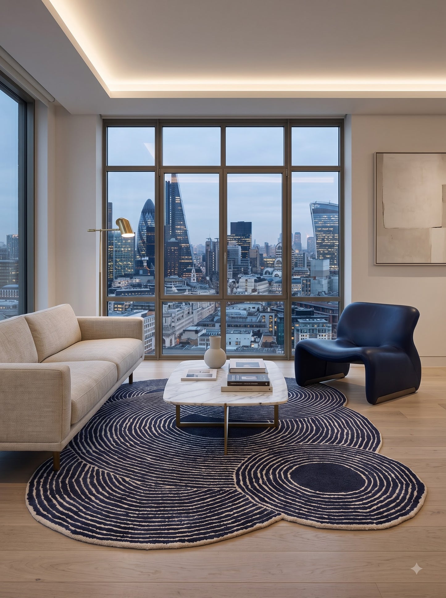 Navy Ripple Circles Abstract Design Wool Tufted Rug