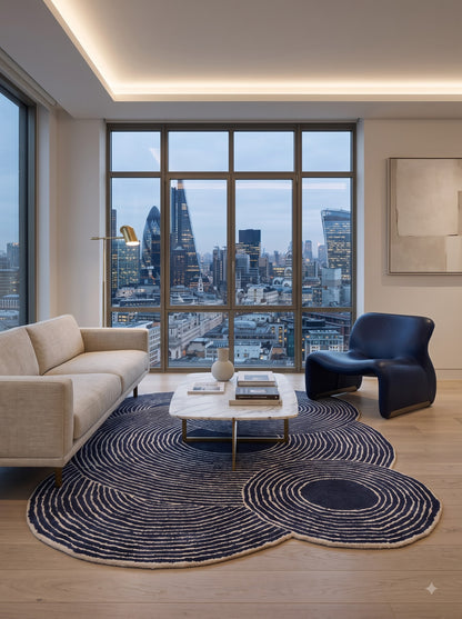 Navy Ripple Circles Abstract Design Wool Tufted Rug