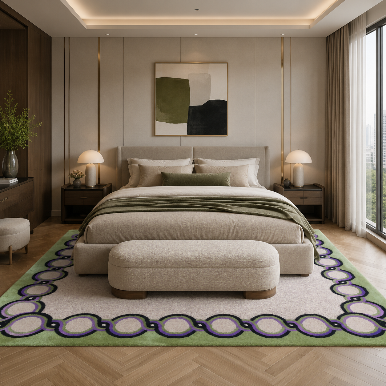 Olive Green & Cream Bordered Tufted Wool Area Rug