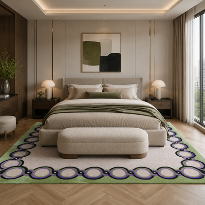 Olive Green & Cream Bordered Tufted Wool Area Rug