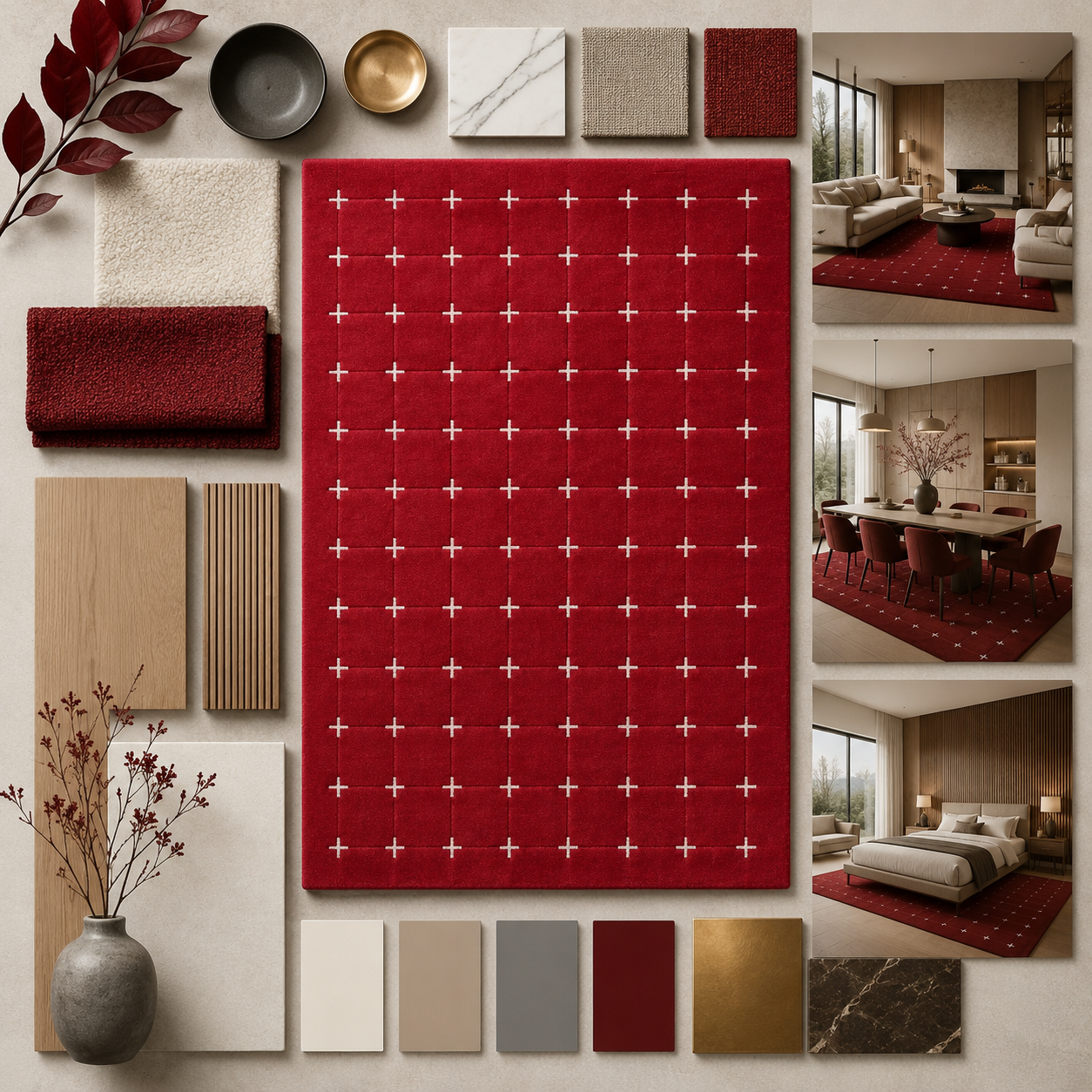 Ruby Red & White Cross Geometric Rug
