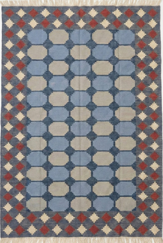 Vegetable Dyed Sky Blue and Terracotta Red Tile Patterned Gingham Dhurrie