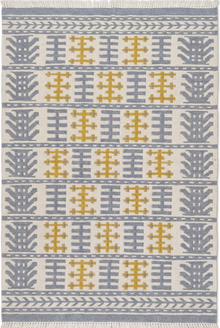 Nordic Totem Grid Modern Slate Blue & Mustard Wool Cotton Dhurrie Rug