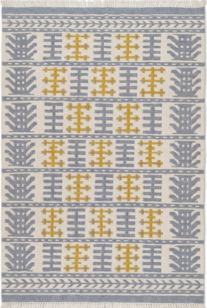 Nordic Totem Grid Modern Slate Blue & Mustard Wool Cotton Dhurrie Rug