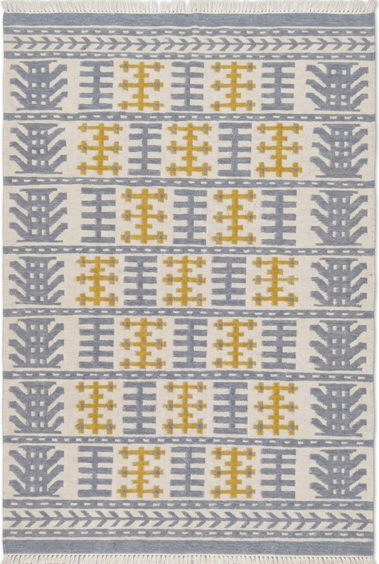 Nordic Totem Grid Modern Slate Blue & Mustard Wool Cotton Dhurrie Rug