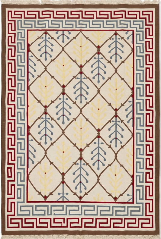 Mediterranean Heritage Cream and Blue Diamond Lattice Flatweave rug