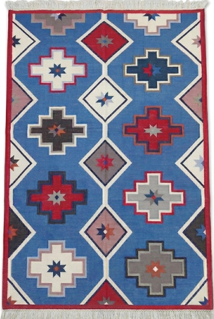 Taos Medallion Vibrant Blue Tribal Geometric Kilim Flatweave Rug