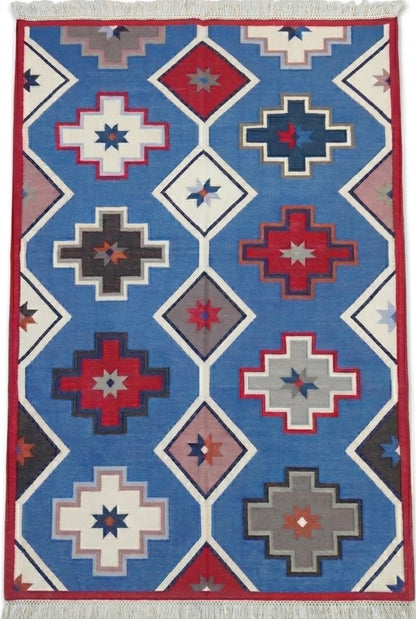 Taos Medallion Vibrant Blue Tribal Geometric Kilim Flatweave Rug