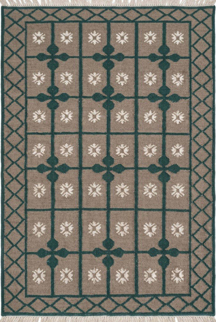 Handwoven Emerald Green Lattice Dhurrie Rug