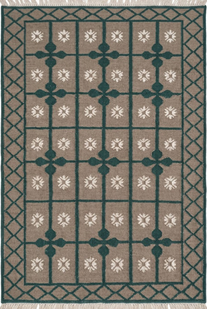 Handwoven Emerald Green Lattice Dhurrie Rug