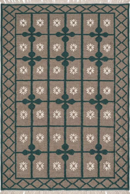 Handwoven Emerald Green Lattice Dhurrie Rug