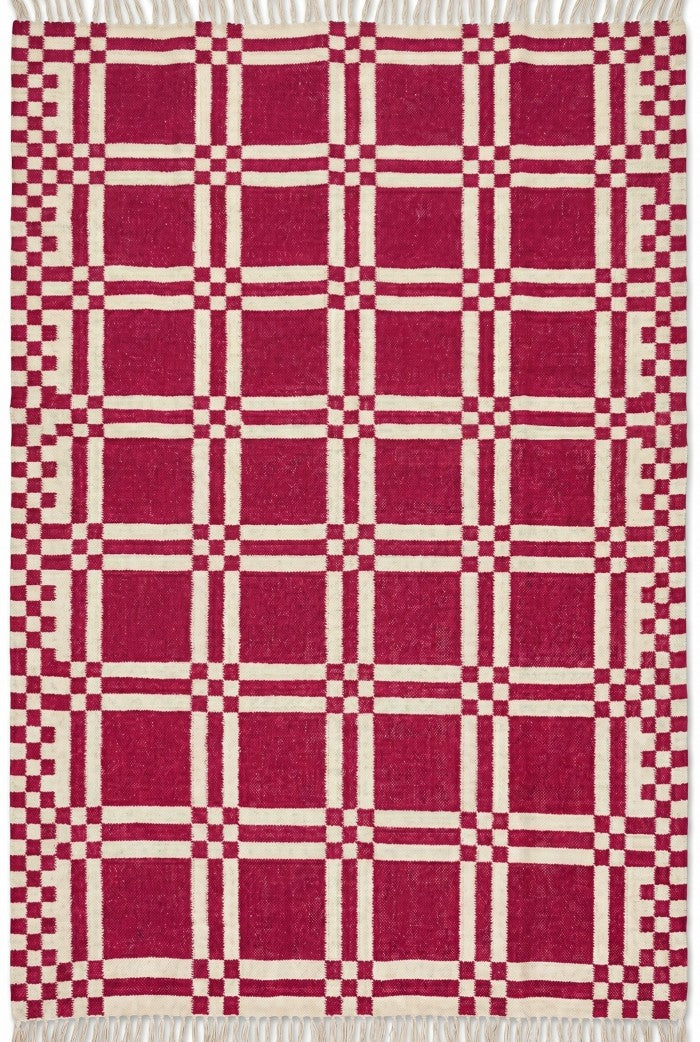 Modern Plaid Grid Crimson Pink and Off-White Flatweave Rug
