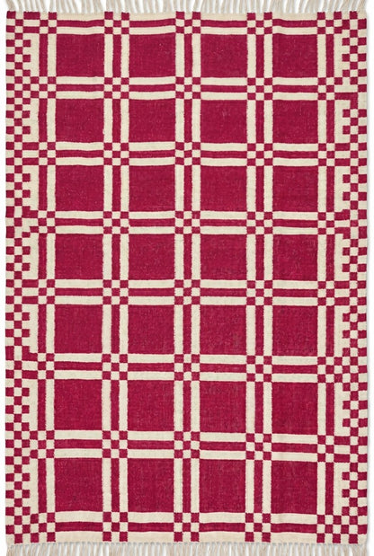 Modern Plaid Grid Crimson Pink and Off-White Flatweave Rug
