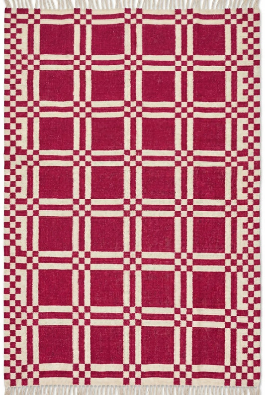 Modern Plaid Grid Crimson Pink and Off-White Flatweave Rug