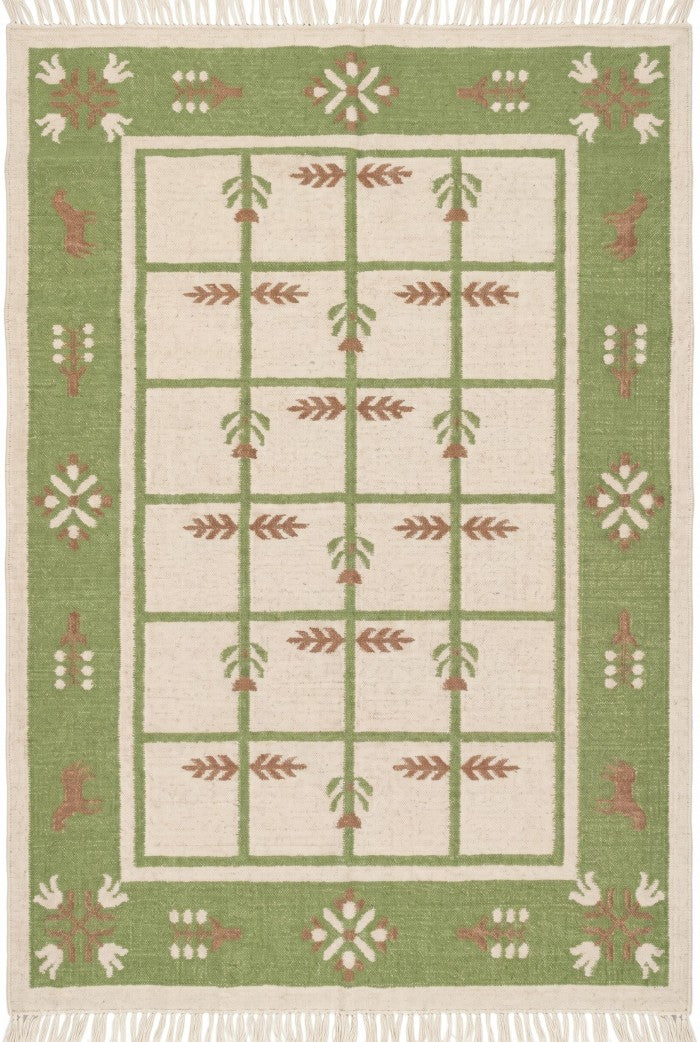 Basil Botanical Trellis Vintage Green and Cream Wool Cotton Dhurrie Rug