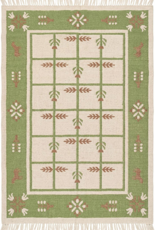 Basil Botanical Trellis Vintage Green and Cream Wool Cotton Dhurrie Rug