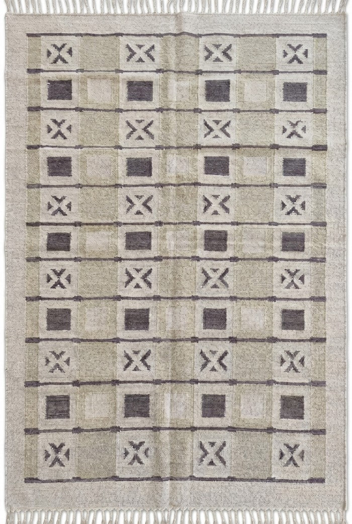 Sage Geometric Grid Modern Earth Tone Wool Cotton Dhurrie Rug