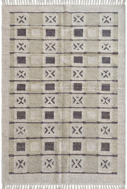 Sage Geometric Grid Modern Earth Tone Wool Cotton Dhurrie Rug