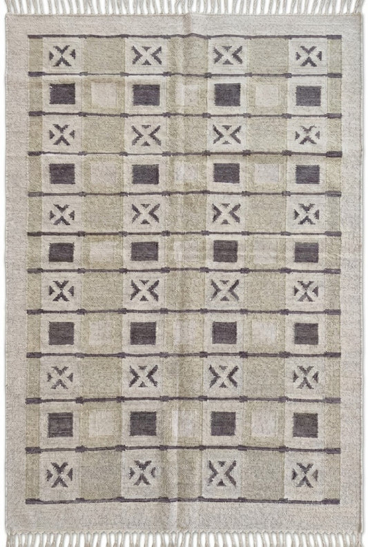 Sage Geometric Grid Modern Earth Tone Wool Cotton Dhurrie Rug