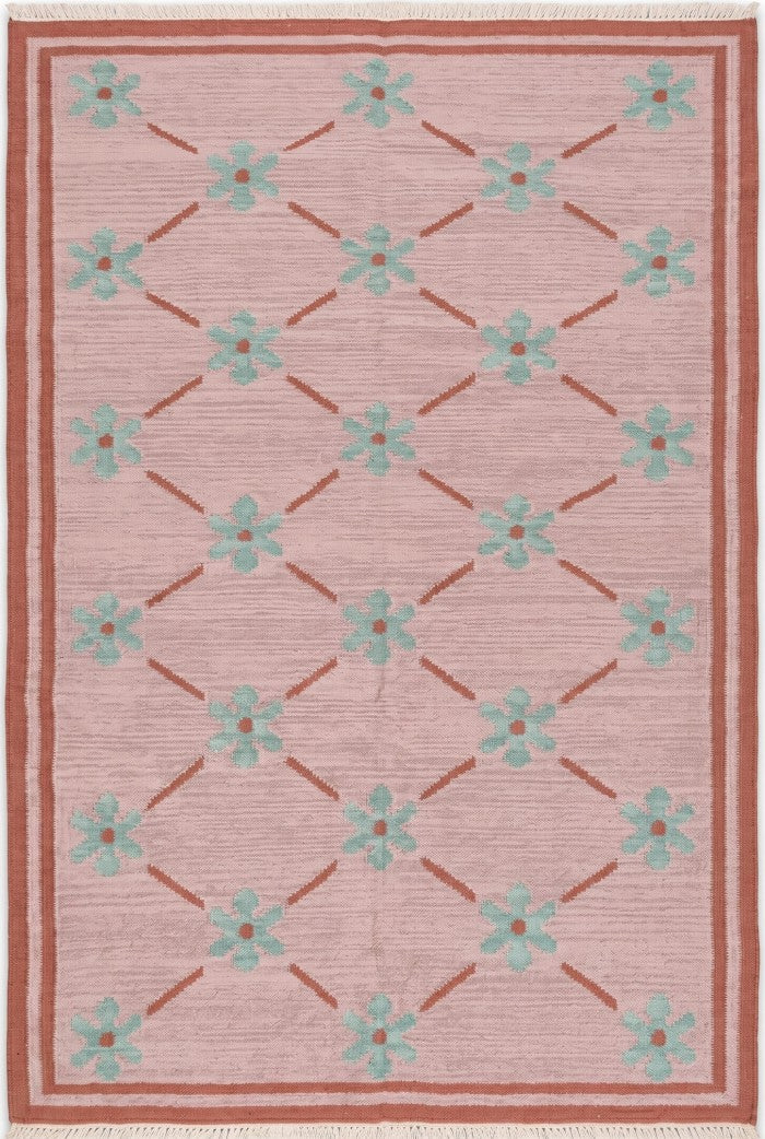 Blush Meadow Pastel Pink and Mint Floral Wool Cotton Dhurrie Rug