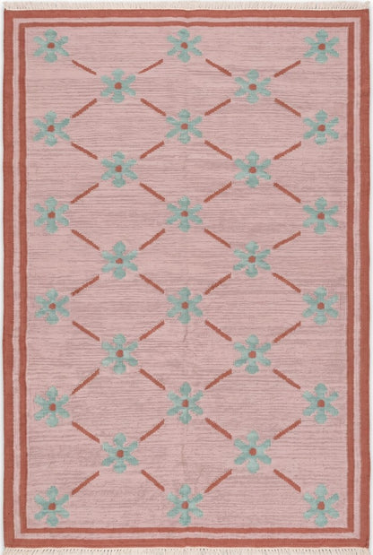 Blush Meadow Pastel Pink and Mint Floral Wool Cotton Dhurrie Rug