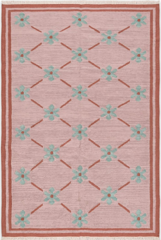 Blush Meadow Pastel Pink and Mint Floral Wool Cotton Dhurrie Rug