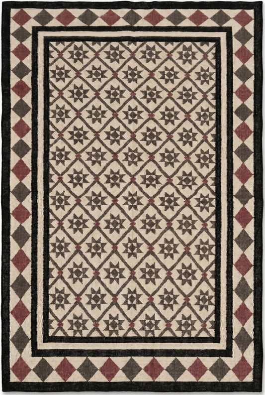 Midnight Star Lattice Charcoal Grey and Mauve Cotton Wool Dhurrie Rug
