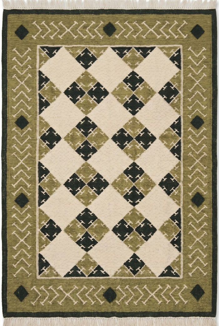 Moss Geometric Harlequin Olive Green & Cream Wool Cotton Dhurrie Rug