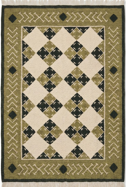 Moss Geometric Harlequin Olive Green & Cream Wool Cotton Dhurrie Rug