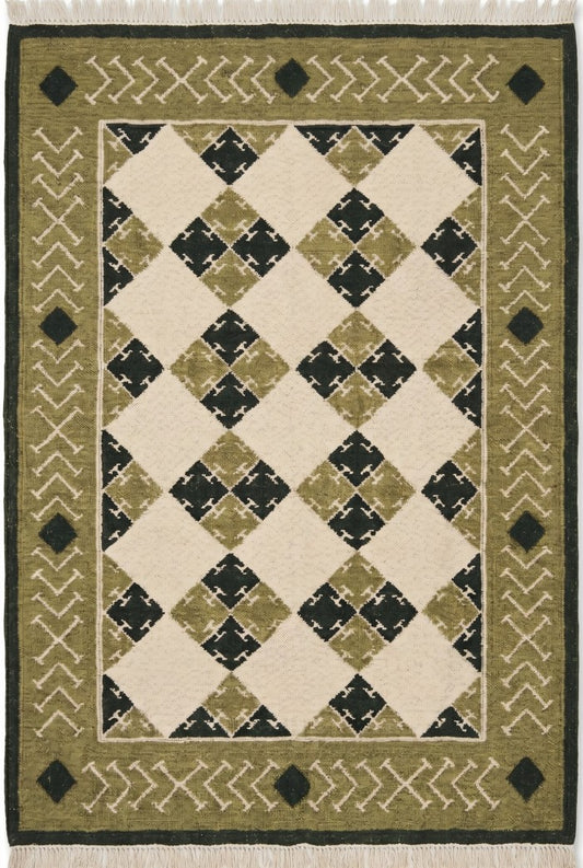 Moss Geometric Harlequin Olive Green & Cream Wool Cotton Dhurrie Rug
